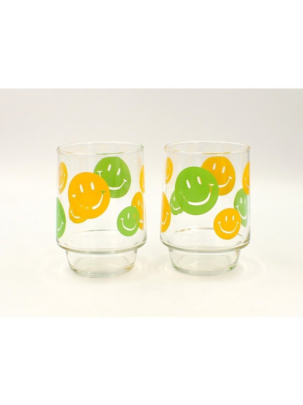 Libby Smiley Face Green & Yellow Stackable Glass Tumblers Set Vintage